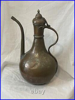 Antique 1880's Middle Eastern Tinned Copper Ewer Signed Inscribed