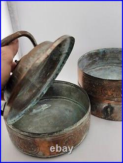 Antique 19 C Ottoman Hand Wrought Copper Tinned Stacking Bowls Lunch/Tiffin Box