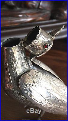 Antique 19th C I Persian Ghajare Solid Silver Bird 2 Ruby Eye Snuff Spice Bottle