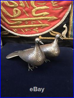 Antique 19th C Islamic Ghajare Persian Solid Silver Pr Pigeon Bird & Turqvise