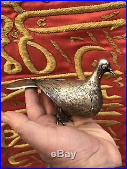 Antique 19th C Islamic Ghajare Persian Solid Silver Pr Pigeon Bird & Turqvise