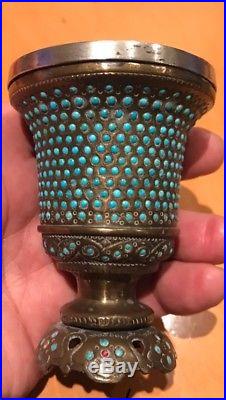 Antique 19th C Islamic Ottoman Persian Solid Silver Bronze & Turquoise Ruby Cup