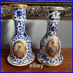 Antique 19th C. Middle Eastern Blue And White Porcelain Hookah Base Or Vase Pair