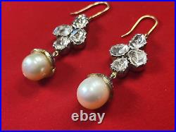 Antique 19th C. Middle Eastern Yellow Gold Diamond Pearls Dangle Hook Earrings