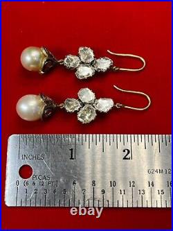 Antique 19th C. Middle Eastern Yellow Gold Diamond Pearls Dangle Hook Earrings