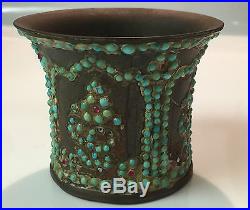 Antique 19th C. Qajar Brass Hookah Cup with Gemstones