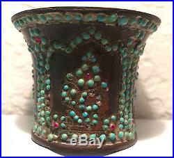 Antique 19th C. Qajar Brass Hookah Cup with Gemstones