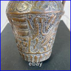 Antique 19th Century Middle Eastern Tinned Copper Ewer Wide Mouth Pitcher Etched
