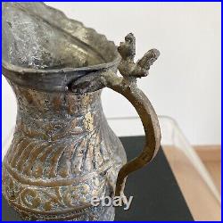 Antique 19th Century Middle Eastern Tinned Copper Ewer Wide Mouth Pitcher Etched