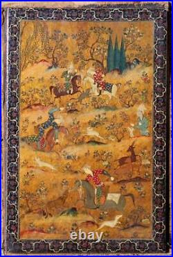 Antique 19th c. Persian Qajar Lacquer Papier Mâché Panel Mirror Case Hunting