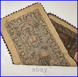 Antique 19th century middle eastern metal thread embroidery needlepoint art mat