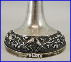 Antique 19thC Handmade Repousse Persian Solid Silver Vase, Birds & Hearts, NR
