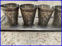 Antique 900 Middle Eastern Silver Engraved Tray Cordial Set
