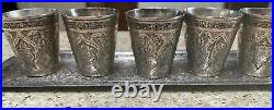 Antique 900 Middle Eastern Silver Engraved Tray Cordial Set