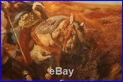 Antique Arab Oil Painting-Arabic Middle Eastern Men Horses-Signed Adolf-Gilded