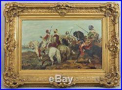 Antique Arab Warriors & Horses Orientalist Desert Oil Painting After Paul Ritter
