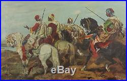 Antique Arab Warriors, Rifles & Arabian Horses Orientalist Desert Oil Painting