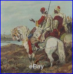 Antique Arab Warriors, Rifles & Arabian Horses Orientalist Desert Oil Painting