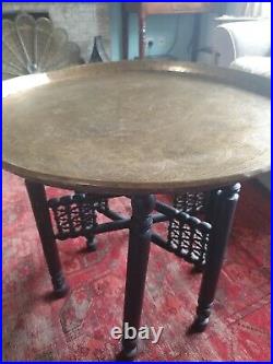 Antique Benares Table Aged With distressed Ebonised Legs brass islamic tray top