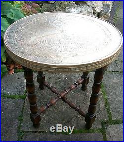 Antique Bobbin Turned Islamic Folding Side Table With Brass Covered Top