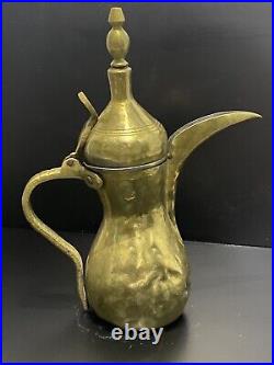 Antique Brass Arabic Coffee Pot Dallah Middle Eastern Stamped 19th Handmade 32cm