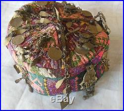Antique Central Asian kelim woven ceremonial hat covered traditional jewelry