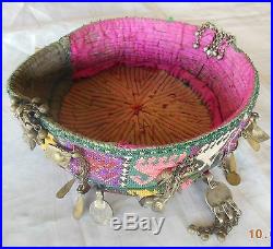 Antique Central Asian kelim woven ceremonial hat covered traditional jewelry