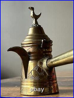 Antique Cezve Copper Tin Brass Turkish Coffee Pot With Handle Hinge LID Bird