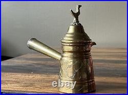 Antique Cezve Copper Tin Brass Turkish Coffee Pot With Handle Hinge LID Bird