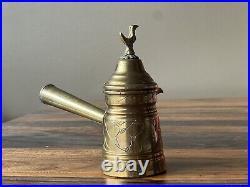 Antique Cezve Copper Tin Brass Turkish Coffee Pot With Handle Hinge LID Bird