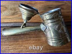 Antique Cezve Copper Tin Brass Turkish Coffee Pot With Handle Hinge LID Bird