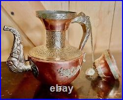Antique Copper Brass Tibetan Silver/ Middle Eastern Ornate Dallah Coffee Tea Pot