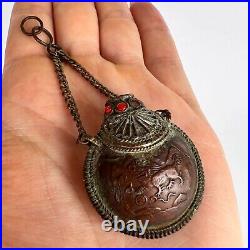 Antique Copper Coral Middle East Ethno Style Women's Jewelry Pendant Snuff Flask