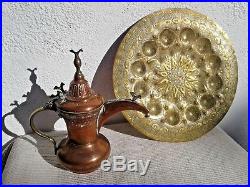 Antique Copper Dallah Middle Eastern Arabic Coffee Pot & Brass Tray/ Table Top