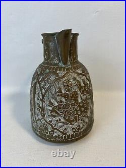 Antique Copper Middle Eastern Hand Made Hammered Pitcher with Handle & Spout