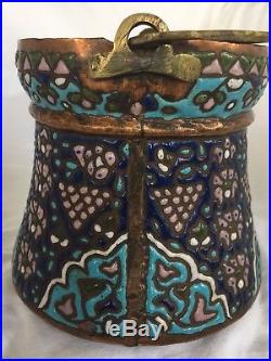 Antique Enamel Copper Brass Pot19th Century Islamic Syria Damascus Cuerda Seca
