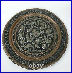 Antique Engraved Copper Silver Tone Middle Eastern Persian Qajar Tray Plate
