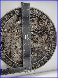 Antique Engraved Copper Silver Tone Middle Eastern Persian Qajar Tray Plate