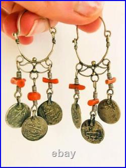 Antique Ethnic Bedouin Yemen Silver Brass Coins & Coral Handmade Earrings 10 gr