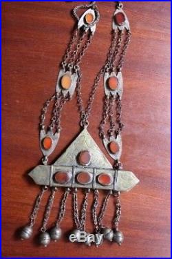 Antique Ethnic Silver Tumar Pendant & Chain Turkoman Tekke Tribe