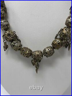 Antique Ethnic Sterling Silver Filigree Beads Granulation Necklace Yemen 19