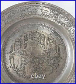 Antique Fine Engraved Persian Indian Mughal Silver Plate Plate Figural Scene