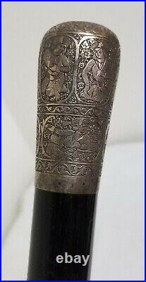 Antique Fine Persian Middle Eastern Silver Engraved Captain's Cane Walking Stick