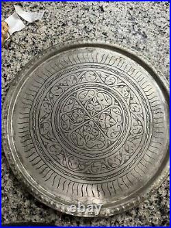 Antique Hand-Engraved Pewter Tray 19th/20th Century Middle Eastern Design