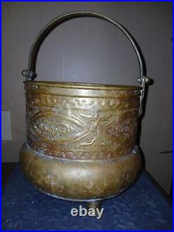 Antique Hand Made Middle Eastern Copper Tripod Handled Bucket Pot Signed See Pic