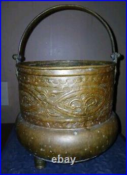 Antique Hand Made Middle Eastern Copper Tripod Handled Bucket Pot Signed See Pic