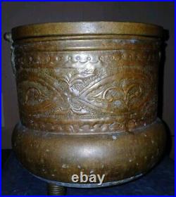 Antique Hand Made Middle Eastern Copper Tripod Handled Bucket Pot Signed See Pic