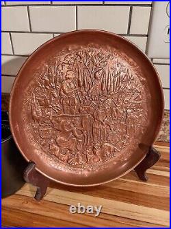 Antique Hand Tooled Middle Eastern Figural Engraved Copper Dish Plate Vintage