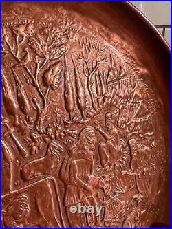 Antique Hand Tooled Middle Eastern Figural Engraved Copper Dish Plate Vintage