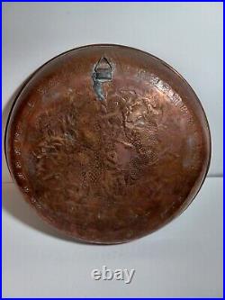 Antique Hand Tooled Middle Eastern Scenery Engraved Copper Dish Plate 1900